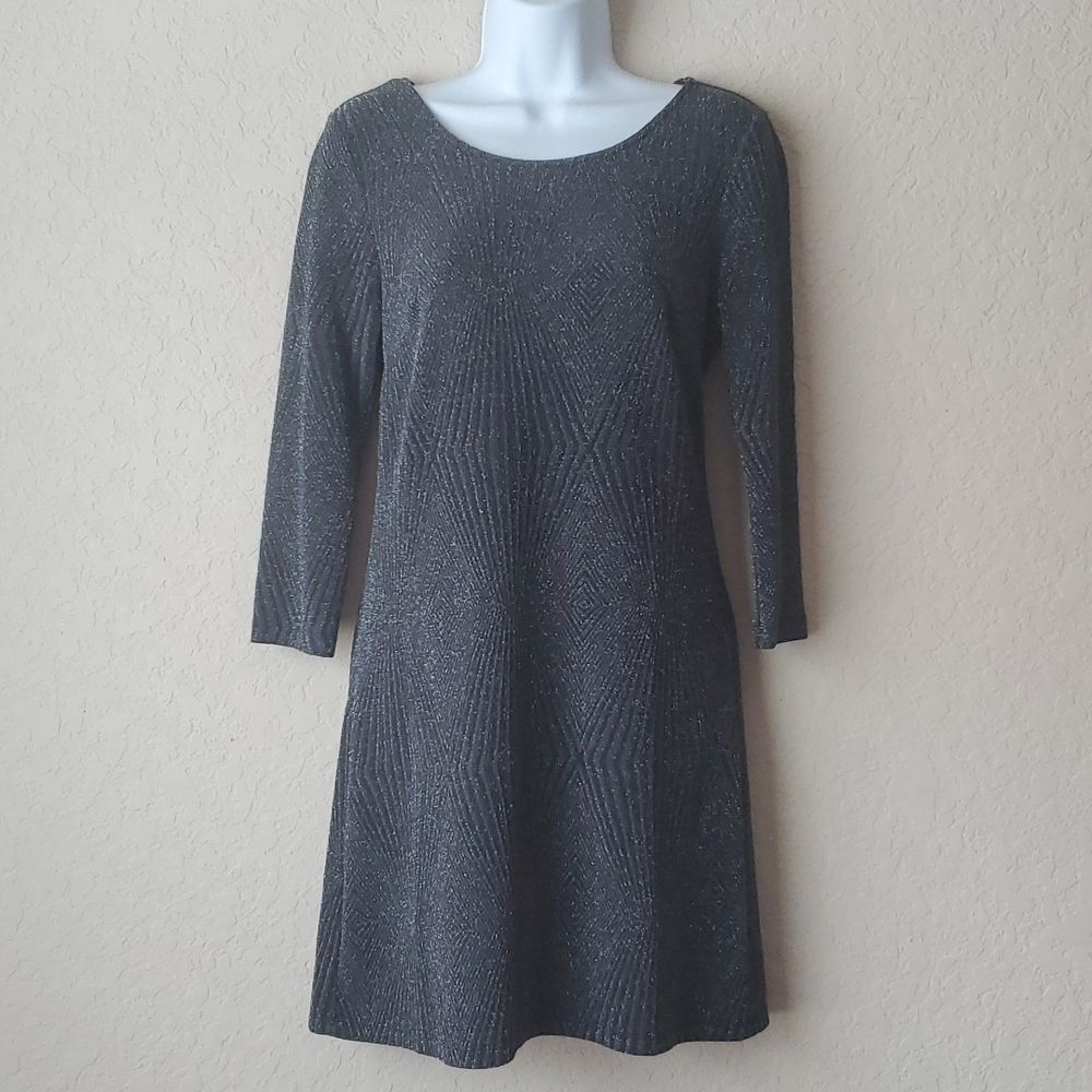 Trixxi Clothing Co. Metallic Sparkle Dress Medium Black Grey 3/4 Sleeve A-Line**